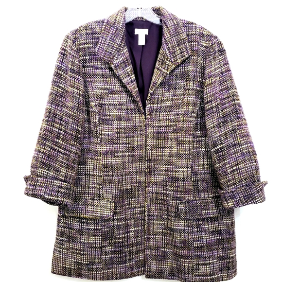 CHICOS Tweed Longline Plum/Green/Silver Metalic Blazer / Jacket - Picture 14 of 16